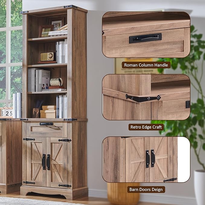 OKD 72'' Tall Bookshelf with Storage, Farmhouse 4 Tier Bookcase with Barn Door, Adjustable Shelves and Drawers, Rustic Wooden Office Bookshelves for Home Bedroom, Living Room, Library (Natural Oak)-Ruum Studio Home