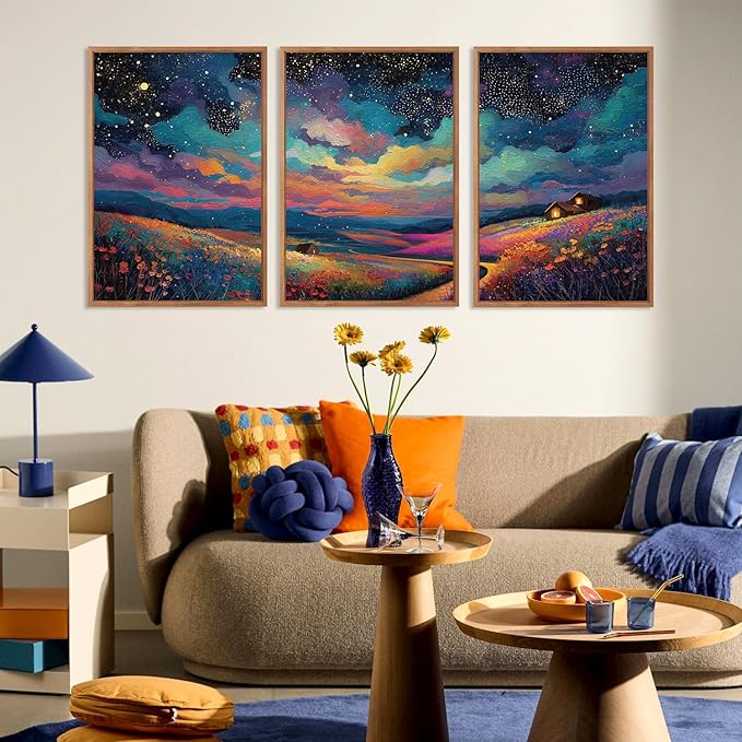 KAIRNE Framed Abstract Midnight Canvas Wall Art,Starry Night Prints Set of 3(16”X24”),Colorful Wildflowers Wall Decor,Nature Night Scene Paintings for Living Room Bedroom office Farmhouse Decoration-Ruum Studio Home