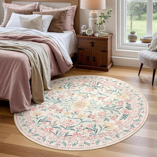 Wonnitar Pink Floral Round Rugs 5ft, Soft Circle Rug Non Slip Washable Round Carpet, Boho Non-Shedding Flower Distressed Circle Carpets for Bedroom Girls Room Nursery-Ruum Studio Home