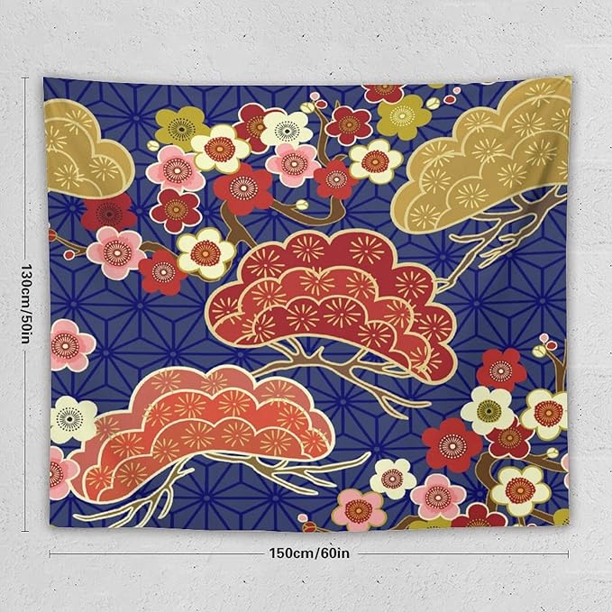 HZOHNAGO Japanese Tapestry Art Abstract Colorful Cherry Blossom Blue Background Pattern Printed Wall Tapestry Painting Wall Hanging for Bedroom Living Room Dorm 60" W x 50" H-Ruum Studio Home