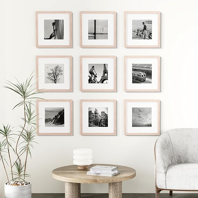 Vittanly 12x12 Picture Frames Set of 9, Shatter Resistant Plexiglass, Display 8x8 Pictures with Mat or 12x12 without Mat, Photo Frames for Wall Mount, Engineered Wood, Rustic Pink-Ruum Studio Home