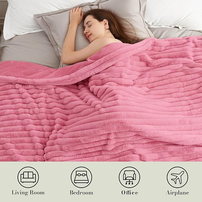 Amélie Home Faux Fur Throw Blanket for Couch, Cozy Fuzzy Fluffy Fur Luxurious Soft Striped Plush Gift Blankets for Family Sofa Chair Bed Living Room Bedroom, 55"x70", Pink-Ruum Studio Home