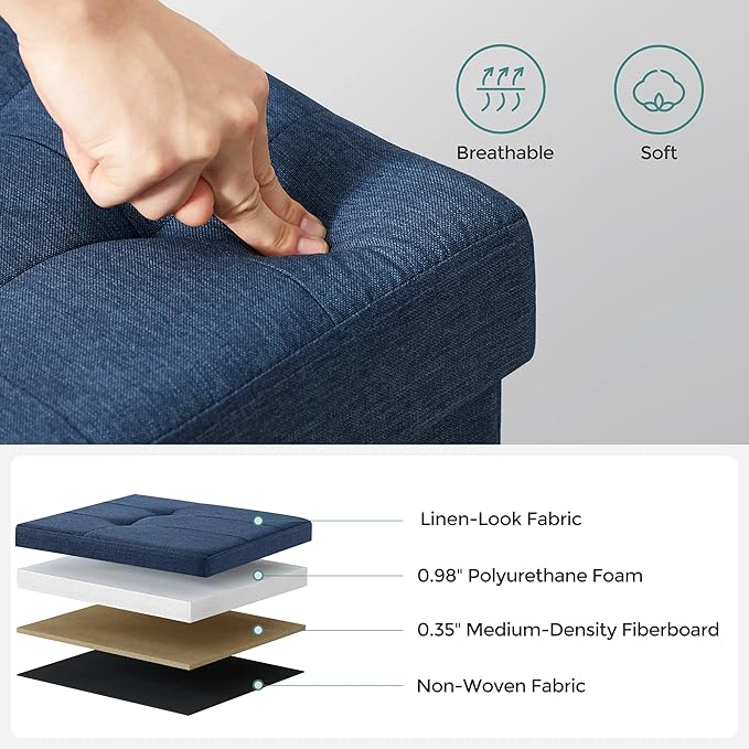 SONGMICS MAZIE Collection - 30 Inches Folding Storage Ottoman Bench, Ottoman Foot Rest, End of Bed Bench, Storage Chest, Load 660 lb, for Living Room, Bedroom, Entryway, Midnight Blue ULSF47IN-Ruum Studio Home