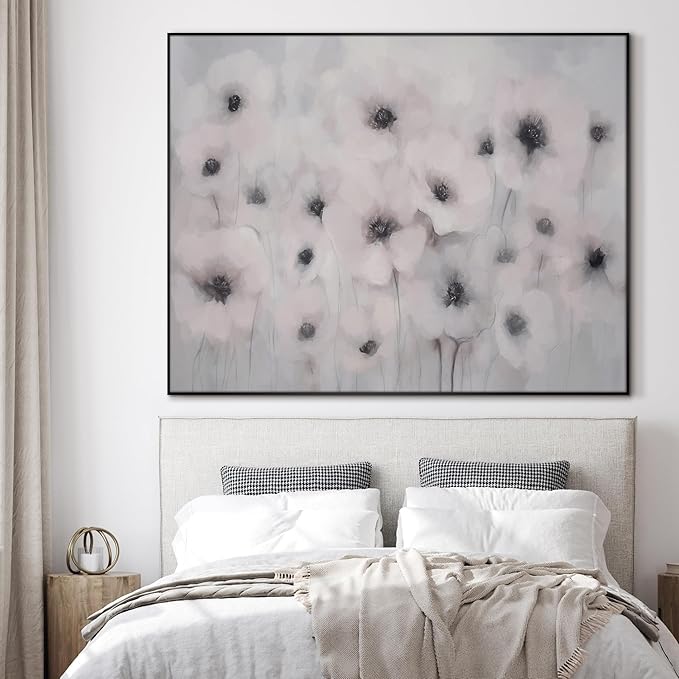 36"x46" Extra Large Framed Wall Art Soft White Poppies Watercolor Floral, Delicate Botanical for Home Living Room Bedroom Decor (Frame Assembly Required)-Ruum Studio Home
