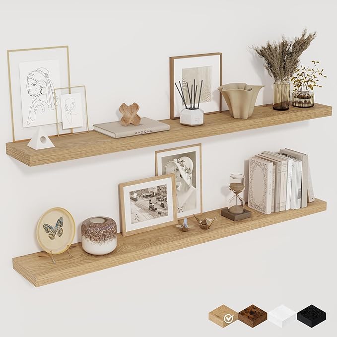 Fun Memories 48 Inch Floating Shelves for Wall, Set of 2 – Rustic Wood Wall-Mounted Shelves with Invisible Brackets for Bedroom, Bathroom, Kitchen – Storage, Books, or Decor, Oak-Ruum Studio Home