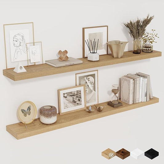 Fun Memories 48 Inch Floating Shelves for Wall, Set of 2 – Rustic Wood Wall-Mounted Shelves with Invisible Brackets for Bedroom, Bathroom, Kitchen – Storage, Books, or Decor, Oak-Ruum Studio Home