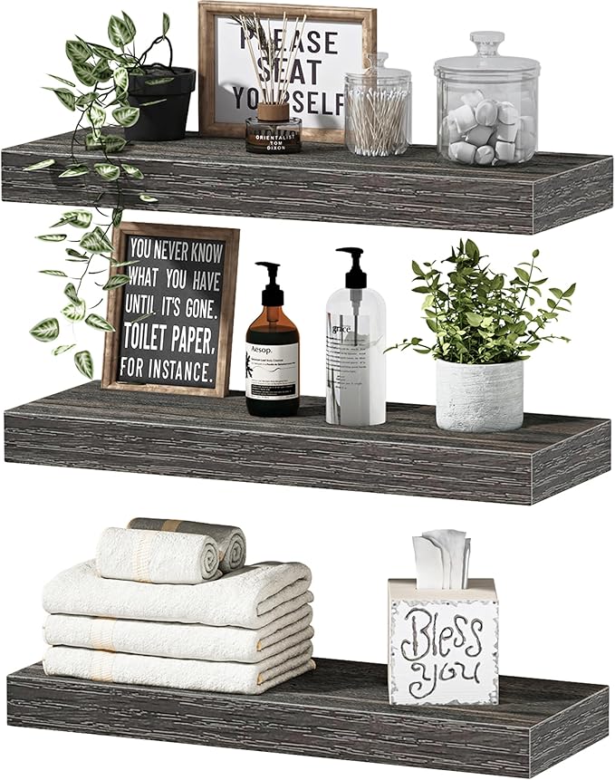 QEEIG Floating Shelves for Wall Bathroom Shelf Bedroom Kitchen Living Room Hanging Book Shelves Small Farmhouse Decor 16 inch Set of 3, Grey (015-GY3)-Ruum Studio Home