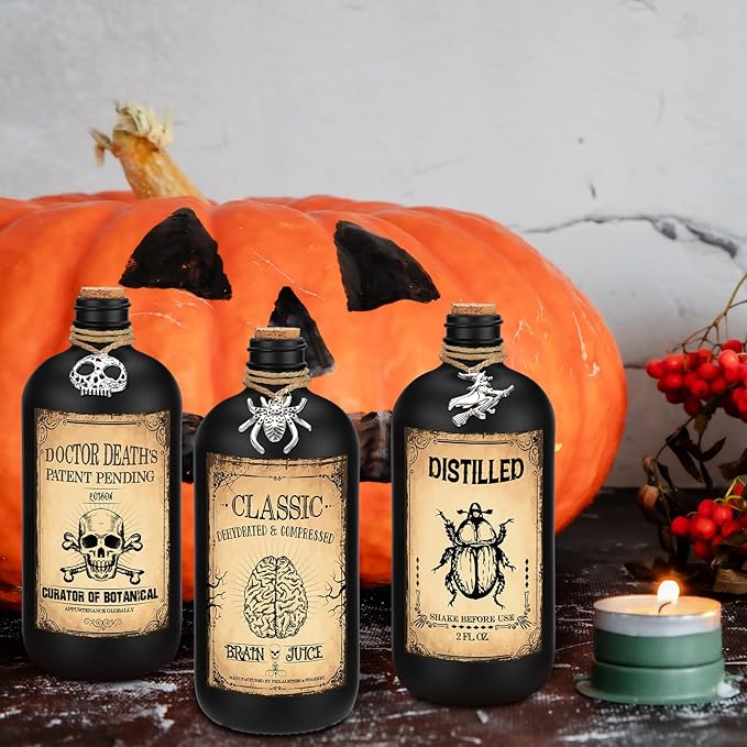 Uiifan 31 Pcs Halloween Potion Bottles Set Including Glass Apothecary Bottles with Cork Stickers and Pendants Halloween Decorations Indoor Party Supplies(Black,16 oz)-Ruum Studio Home