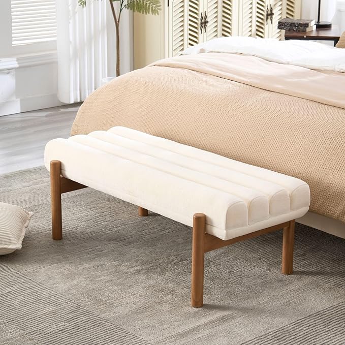 White Modern Bench Upholstered End of Bed Bench Chenille Fabric Bedroom Bench for Entryway Living Room Vanity Makeup Room, 47" Long, Wooden Legs-Ruum Studio Home