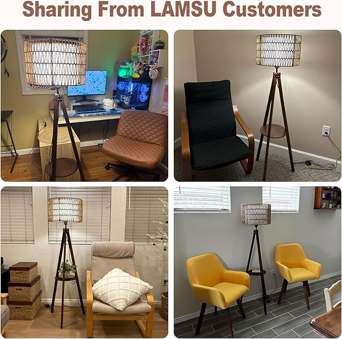 Boho Tripod Floor Lamp with Shelves, Mid Century Wood Standing Lamp with Rattan & Fabric Shades, ON/Off Foot Switch, Modern Farmhouse Tall Floor Lamps for Living Room Bedroom Office-Ruum Studio Home