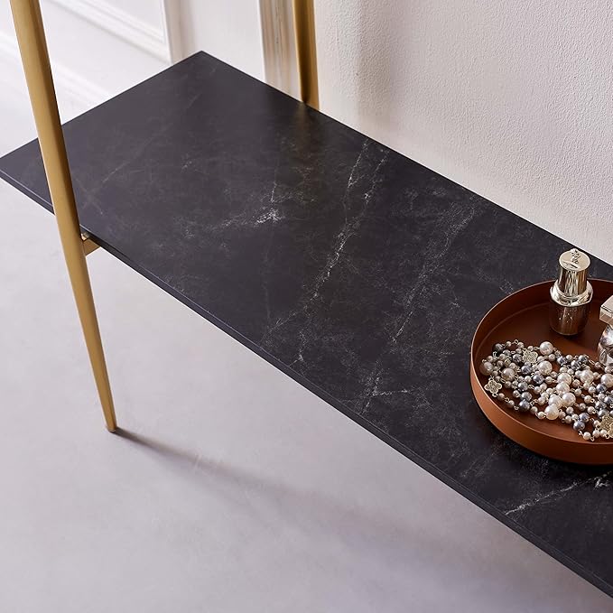 Glass Console Table for Living Room, Foyer & Entrance, 2-Tiers Mid-Century Modern Sofa Table with Grey Glass Top, Black Marble Finish Wood Shelf and Gold Finish Frame-Ruum Studio Home