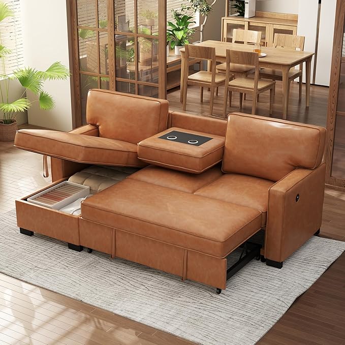 EBELLO Convertible Sleeper Sofa 3 in 1, Faux Leather Modern L-Shaped Couches for Living Room, Pull Out Sectional Futon Sofa Bed with Storage Space, USB Ports and Cup Holders for Bedroom, Brown-Ruum Studio Home