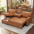 EBELLO Convertible Sleeper Sofa 3 in 1, Faux Leather Modern L-Shaped Couches for Living Room, Pull Out Sectional Futon Sofa Bed with Storage Space, USB Ports and Cup Holders for Bedroom, Brown-Ruum Studio Home