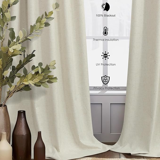 Country Farmhouse Style 94 Inch Curtains for Living Room Drape Back Tab Beige Linen Blackout Earthy Curtain Noise Reduction Light Blocking Cooling Window Treatment 2 Panel Burg Sunroom Bedroom 94 Long-Ruum Studio Home