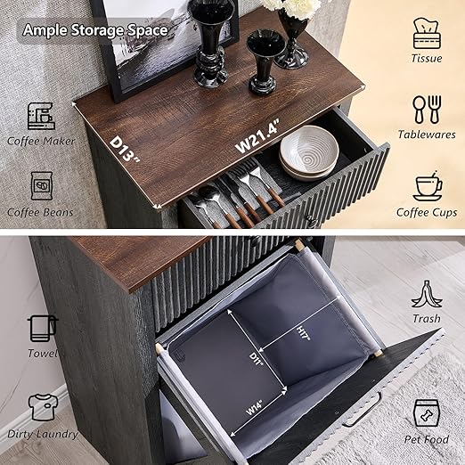 Modern Tilt-Out Trash Can Cabinet, 10 Gallon Fluted Laundry Hamper Cabinet with Drawers, Wooden Hidden Garbage Can Cabinets with Storage Basket, Free Standing for Kitchen and Living Room, Grey-Ruum Studio Home