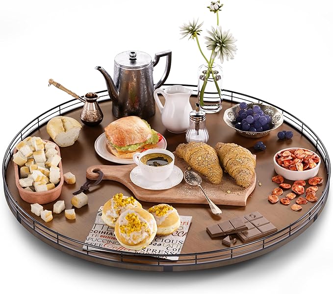 Farmhouse Oak 24" Lazy Susan Turntable Organizer for Cabinet, Round Wooden Lazy Susan Organization and Storage for Dining Table, Pantry, Kitchen, Countertop, Cupboard,Home Decor, Walnut-Ruum Studio Home