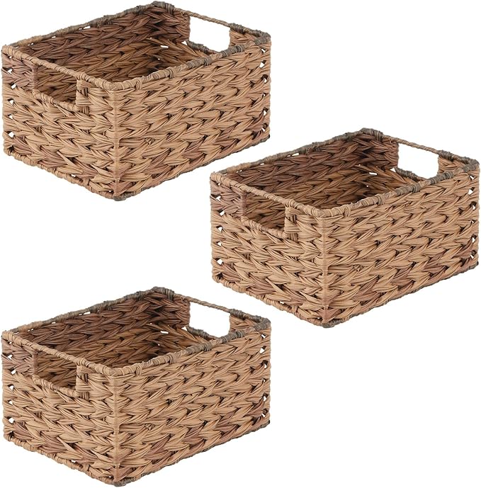 mDesign Woven Farmhouse Kitchen Pantry Food Storage Organizer Basket Bin Box - Container Organization for Cabinets, Cupboards, Shelves, Countertops - Store Potatoes, Onions, Fruit, 3 Pack, Brown Ombre-Ruum Studio Home
