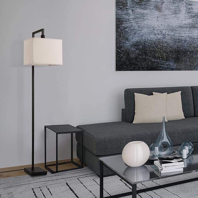 Globe Electric 61000052 60" Floor Lamp, Matte Black, Square White Fabric Shade, On/Off Rotary Switch on Socket, Square Rod, Reading Lamp, Home Office Accessories, Home Décor, Home Improvement-Ruum Studio Home