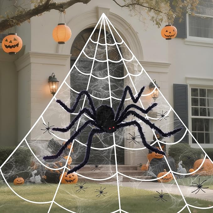 16.4 X 15.8Ft Giant Spider Web Halloween Decorations with 250 LED Lights, Halloween Spider Web Outdoor with 5Ft Large Spider, 3.53 Oz Stretch Web and 20 Small Spiders for Yard House Party Decoration-Ruum Studio Home