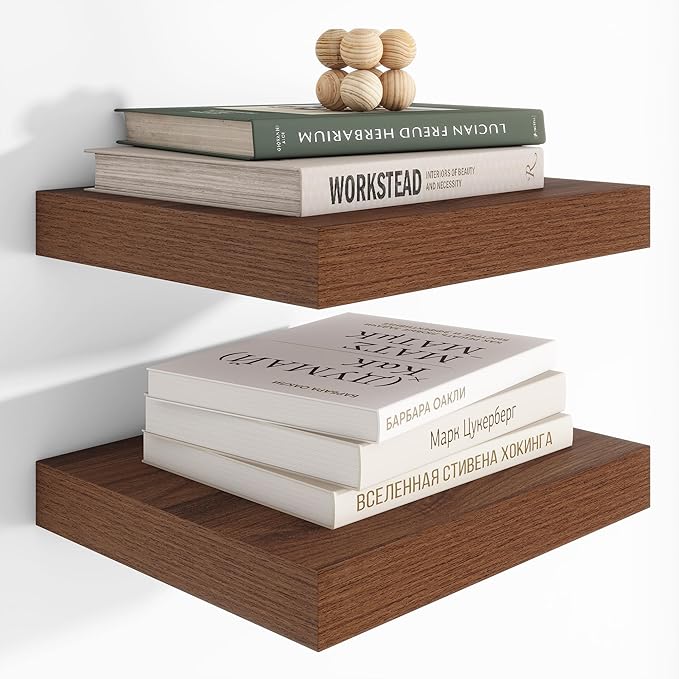 Heimlove 12 Inch Deep Floating Shelves, 12 x 12 inches Long Wall Shelf, Large Extra Display Shelf & Storage Shelf, Rustic Wood Wall Shelves for Fireplace Mantel, Walnut - 2Pack-Ruum Studio Home