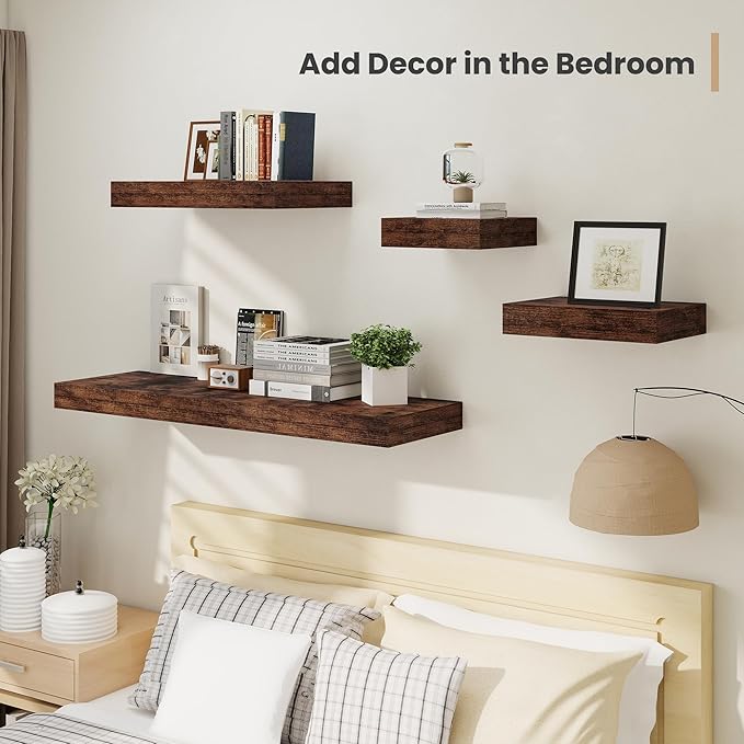 Heimlove 12 Inch Deep Floating Shelves, 16 x 12 inches Long Wall Shelf, Large Extra Display Shelf & Storage Shelf, Rustic Wood Wall Shelves for Fireplace Mantel, Brown - 2Pack-Ruum Studio Home