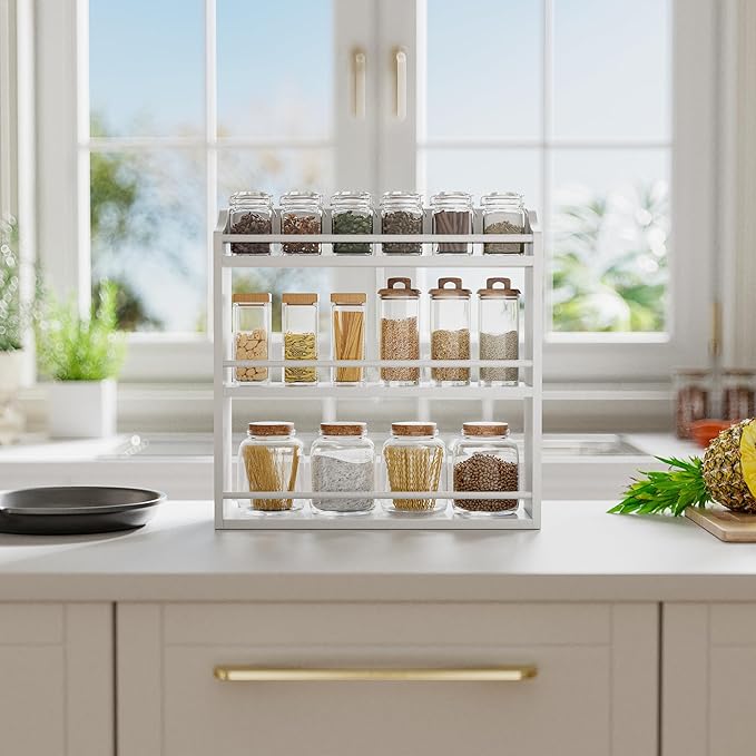 Spice Rack Wall Mounted, Freestanding Spice Organizer for Countertop, Bamboo Spice Storage Holder, for Kitchen Cupboard, Pantry, Bathroom (White)-Ruum Studio Home