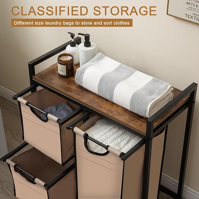 Laundry Basket Organizer - Hampers with 3 Compartments, Sliding Laundry Sorter Bags, Top Storage Shelf, Metal Frame-Ruum Studio Home