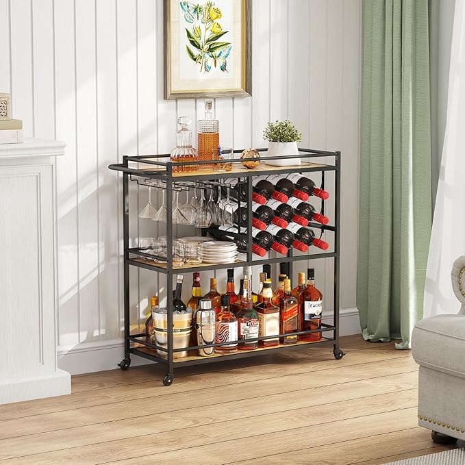 Lifewit Bar Cart for The Home, 3 Tier Drink Cart with Lockable Wheels, 12 Wine Rack and 3 Rows Glass Holders, Liquor Serving Cart for Kitchen Dining Livingroom, 31.6" x 13.1" x 33.9", Rustic Brown-Ruum Studio Home