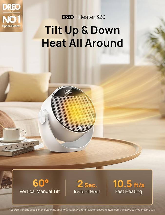 Dreo Space Heater 1500W, 60° Adjustable Tilt, 10.5ft/s Portable Electric Heaters for Indoor Use with Thermostat, 8 Safety Protections, 3 Modes, Remote, Quiet Desk Heater for Bedroom, Office, White-Ruum Studio Home