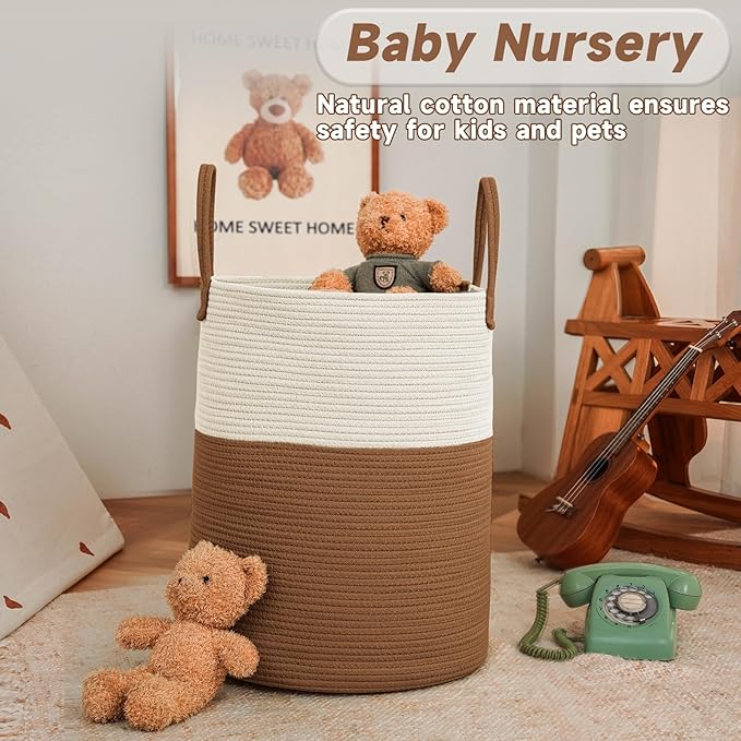 Large Woven Laundry Basket Hamper,60L Cotton Rope Storage Bin for Blankets,Toys and Clothes,Decorative Tall Nursery Hamper for Living Room,Baby Nursery,Bathroom and Bedroom,White and Brown-Ruum Studio Home