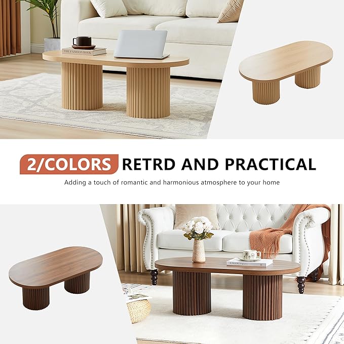 Oval Fluted Coffee Table, Farmhouse Wood Coffee Table Mid Century Modern Center Table Boho Living Room Tables for Living Room Office (Natural, 19.69" D x 39.38" W x 13.78" H)-Ruum Studio Home