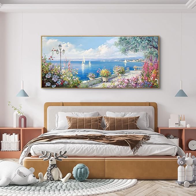 XLSJERST Extra Large Coastal Wall Art - Ocean Seascape Canvas Yellow Green Flowers Painting Landscape Sailboat Picture Artwork Modern Large Framed for Living Room Bedroom Home Office Decor-Ruum Studio Home