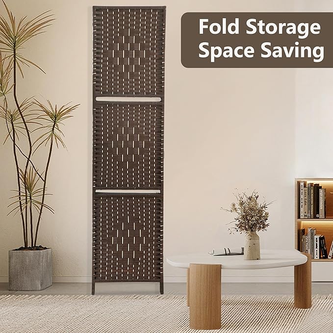 PayLessHere Room Divider 4 Panel Room Screen Divider Wooden Screen Folding Portable Partition Screen Wood with Removable Storage Shelves Color, Brown-Ruum Studio Home
