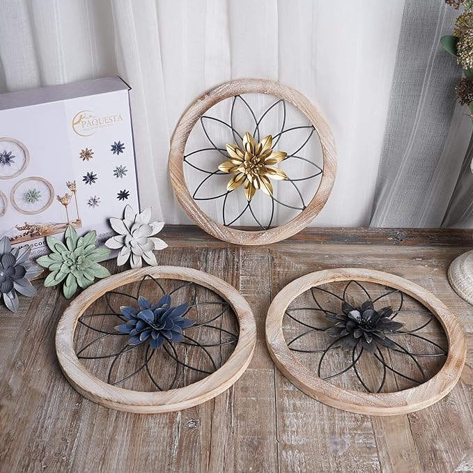 Paquesta 3 Piece Round Farmhouse Wall Decor with 6 Piece Interchangeable Flowers 12'' Medallion Wood & Metal Rustic Wall Art for Living Room Bedroom Kitchen Bathroom Dining Room Home Decorations-Ruum Studio Home