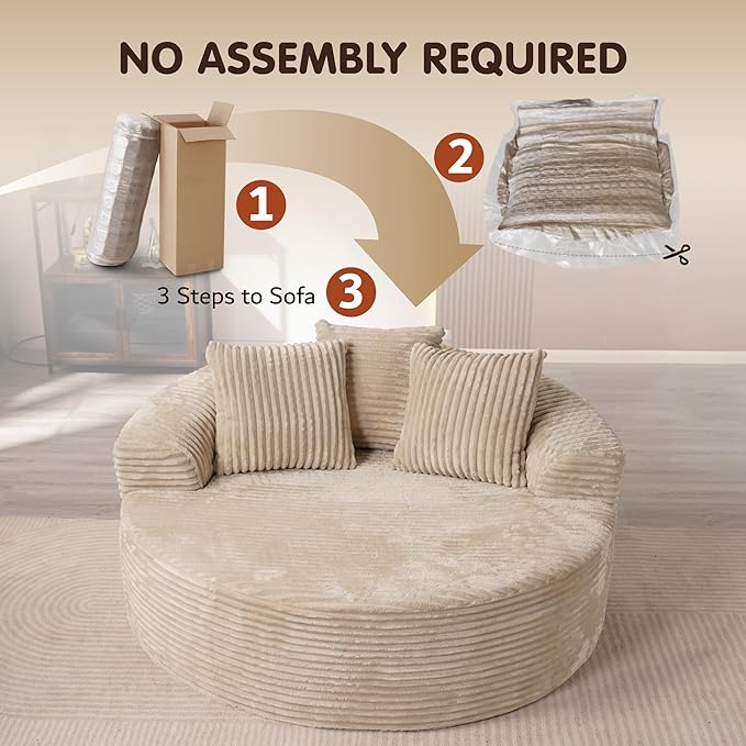ovios 58" Oversized Round Chair Lounge Chaise Indoor, No Assembly Required, Cloud Large Circle Chair with Plush Fuax Fur, Fluffy Modern Sleeper Sofa Bed for Reading Yoga, Beige (Plush Corduroy Fabric)-Ruum Studio Home