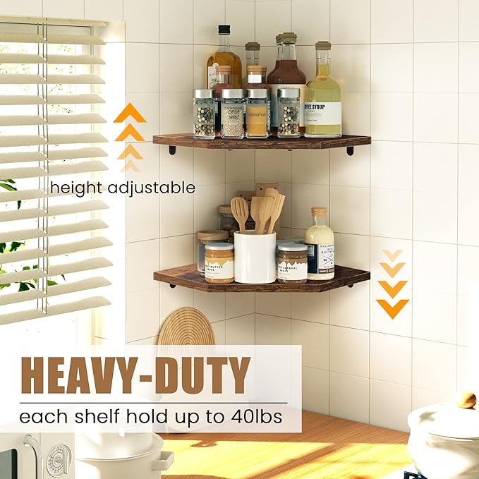 Corner Shelf Wall Mount, Floating Corner Shelves, Set of 4 Corner Wall Shelf Organizer, Rustic Wood Wall Storage Display Shelves for Living Room Bedroom Bathroom Kitchen, Rustic Brown-Ruum Studio Home