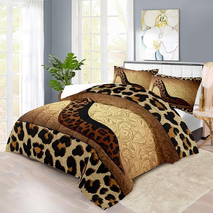 Leopard Comforter Set Full Girls,Sexy High Heel Comforter for Women,Leopard Print Bedding Set Full Adult,High Heel Quilt Bedroom Decor,African Animal Print Bedding Quilt-Ruum Studio Home