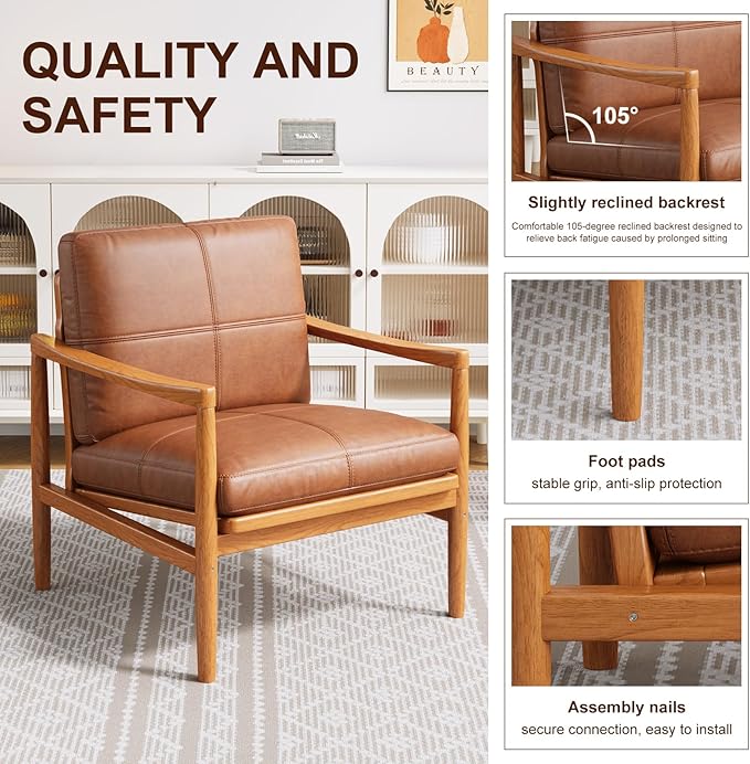 Mid Century Modern Accent Chair Set of 2, Leather Accent Chair, Relaxing Armchair with Solid Wood Frame & Soft Cushion, Reading Leisure Chairs for Living Room-Ruum Studio Home