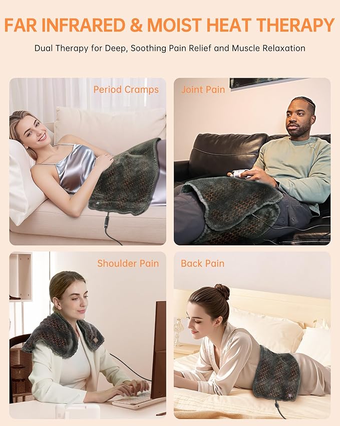 Nano Heating Pad Pain Relief, Far Infrared Heating Electric Pad for Period Cramps Back Neck, Washable, Car, Portable, for Women Mom Elder,12V Safe, Remote 6 Heat&Time(12"x24", Grey)-Ruum Studio Home