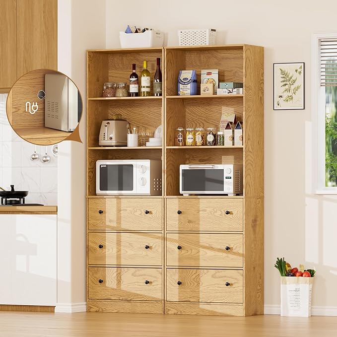 71" Tall Bookshelves Set of 2, Bookcases with Drawers, Bookshelves with Storage, Wooden Bookshelf with 3 Drawers & 3-Tier Open Shelves,Home Decor Furniture for Living Room,Bedroom,Home,Natural-Ruum Studio Home