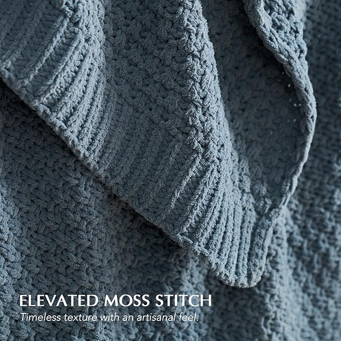 Chunky Chenille Knit Throw Blanket for Couch, Soft Luxurious Moss Stitch Blankets for Bed, Cozy Decorative Farmhouse Knitted Throws for Sofa, Stormy Blue, 50" x 60"-Ruum Studio Home
