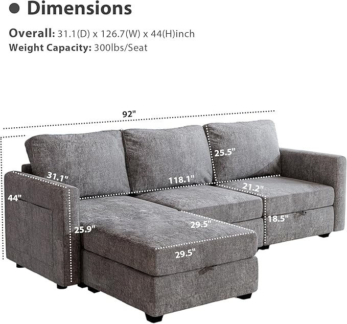 mestyl Modular Sectional Sofa Convertible L Shaped Sofa Couch Set with Storage for Living Room, Modern 3 Seater Modular Sectional Couch with Movable Ottoman (Grey)-Ruum Studio Home
