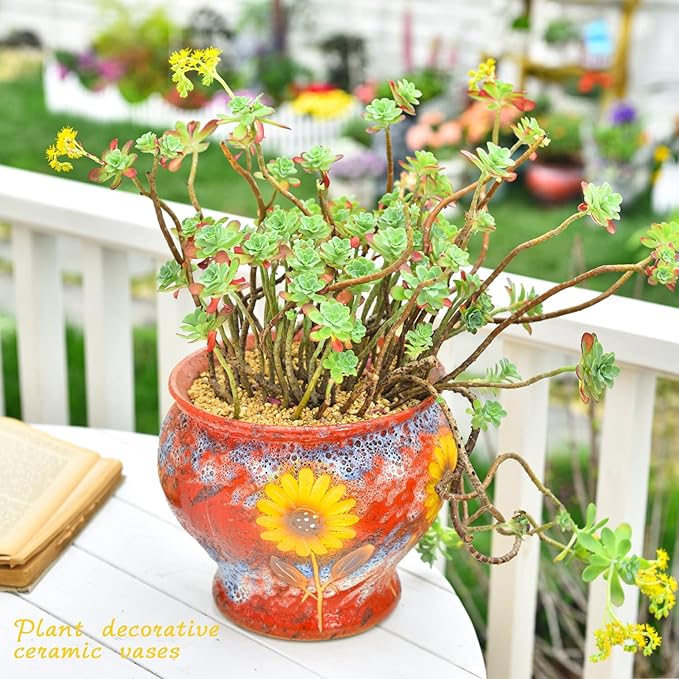 Sungmor Ceramic Hand Painted Succulent Flower Pots, 9 Inch Large Pottery Pots for Indoor Outdoor Plants, Decorative Ceramic Vase for Flower Arrangement Home Decor, Vintage Centerpieces Flowerpot-Ruum Studio Home