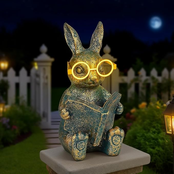 Solar Garden Decor, Adorable Rabbit Statue with Solar-Powered Glasses, Outdoor Decoration Lights for Patio, Yard & Balcony, for Kids, Mom & Grandma-Ruum Studio Home