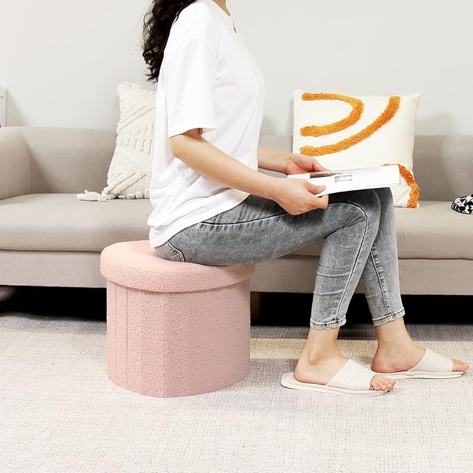 B FSOBEIIALEO Storage Ottoman Cube, Heart Shaped Ottomans with Storage Foot Stool Footrest for Lving Room, Boucle Ottoman Seat for Dorm Room,Faux Teddy Fur, Pink 15"x15"x15"-Ruum Studio Home