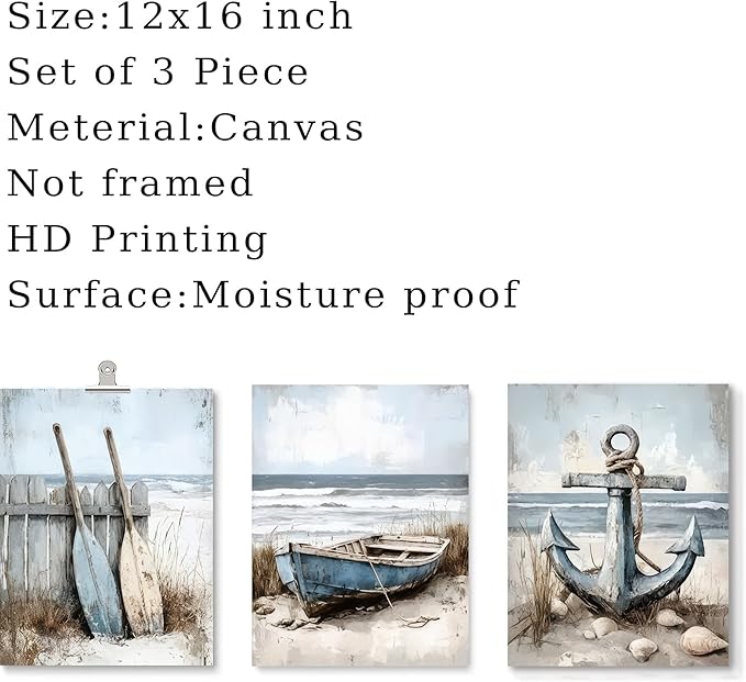 3Pcs Nautical Beach Wall Art Sailboat Paddle and Anchor Paintings Pictures Wall Decor Nautical Coastal Posters Prints Artwork for Living Room Bedroom Home Office Corridor Home Decroation Unframed-Ruum Studio Home