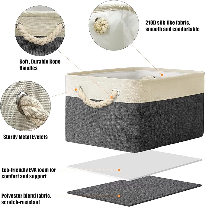 SIMPLE HOUSEWARE Large Fabric Storage Bin, 15.7" x 12" with Braided Handles, 3 Pack, Dark Gray-Ruum Studio Home