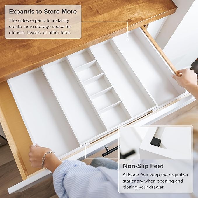 Adjustable Kitchen Drawer Organizer for Utensils and Junk, Food-Safe Contract Grade with 100% Sustainable Wood, Expandable from 16 to 28 Inches Wide - White Bamboo-Ruum Studio Home