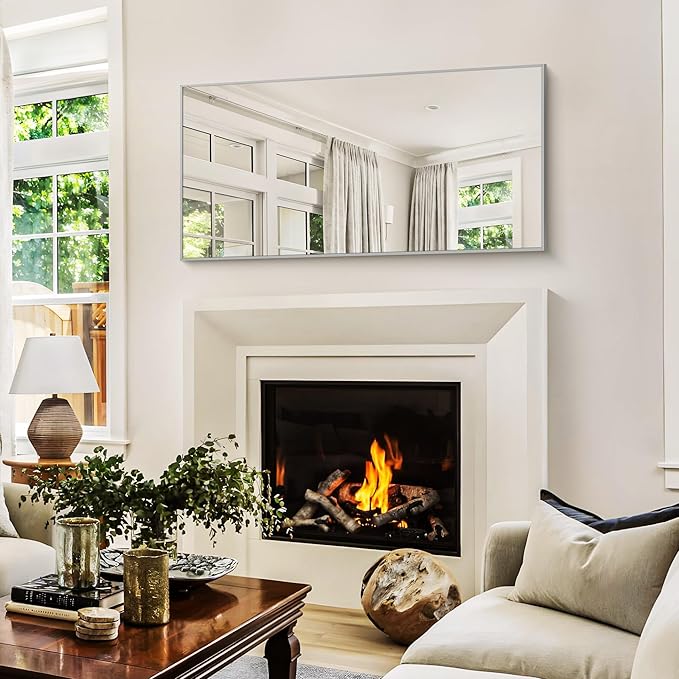 48x24In Silver Bathroom Mirror for Wall, Brushed Nickel Rectangle Mirrors with Metal Frame, Bathroom Rectangular Mirror Modern Wall Mirror for Bedroom Living Room, Hangs Horizontal or Vertical-Ruum Studio Home