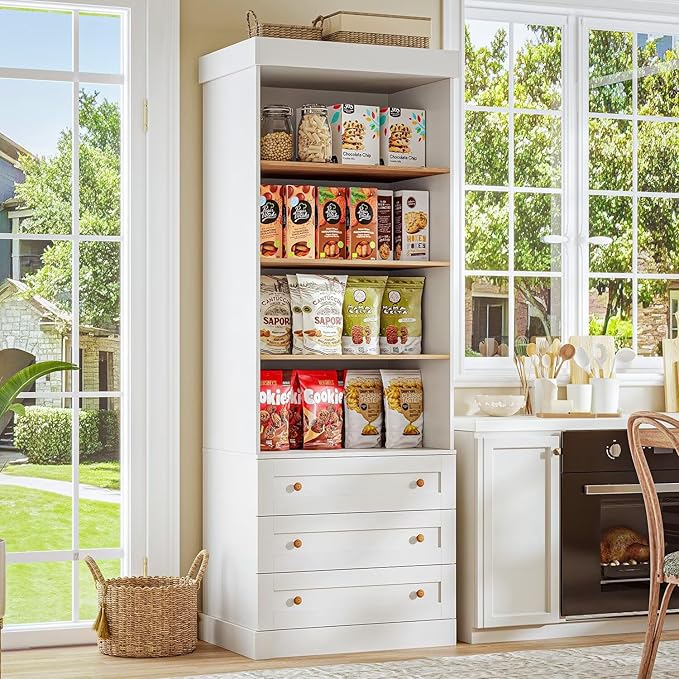 Vyre 71" Tall Farmhouse Bookshelves with Drawers, Set of 2 – Large Modular Bookcase with Adjustable Shelves, Storage Cabinet for Living Room, Kitchen, Home Office, White-Ruum Studio Home
